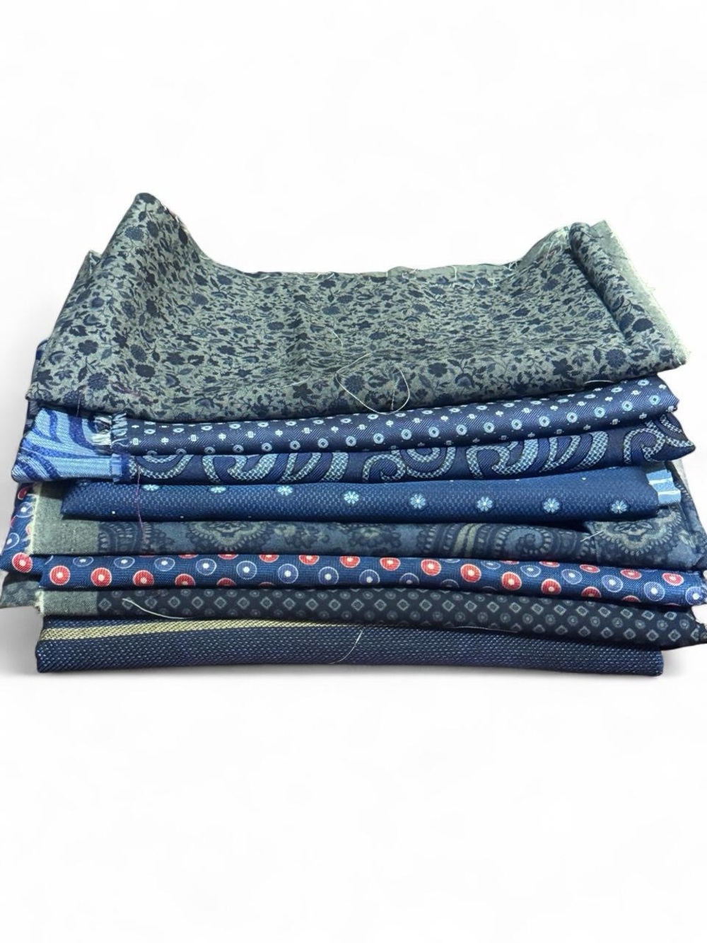 8pc Bundle Lot Blue Toned 100% Italian Silk And 100% Cotton Fabric Remnants